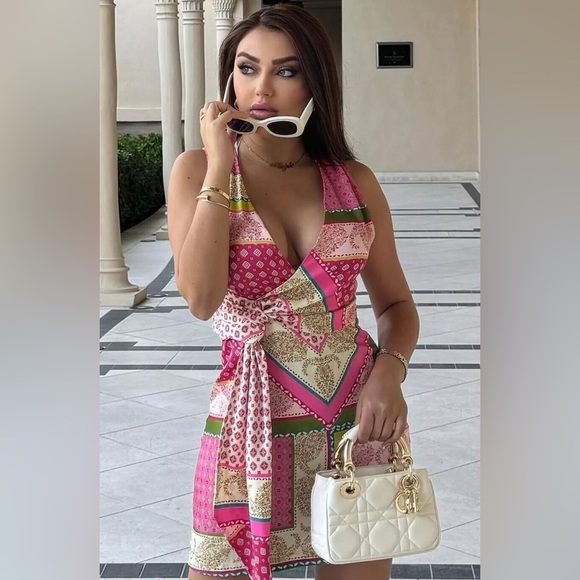 Zara Printed V-Neck Mini Dress Tie  Pink Green size M - Picture 12 of 12